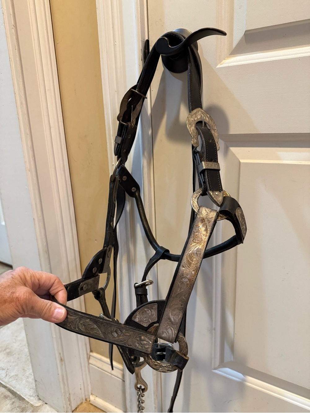 Horse size Black Leather Show Halter with Silver plated Details